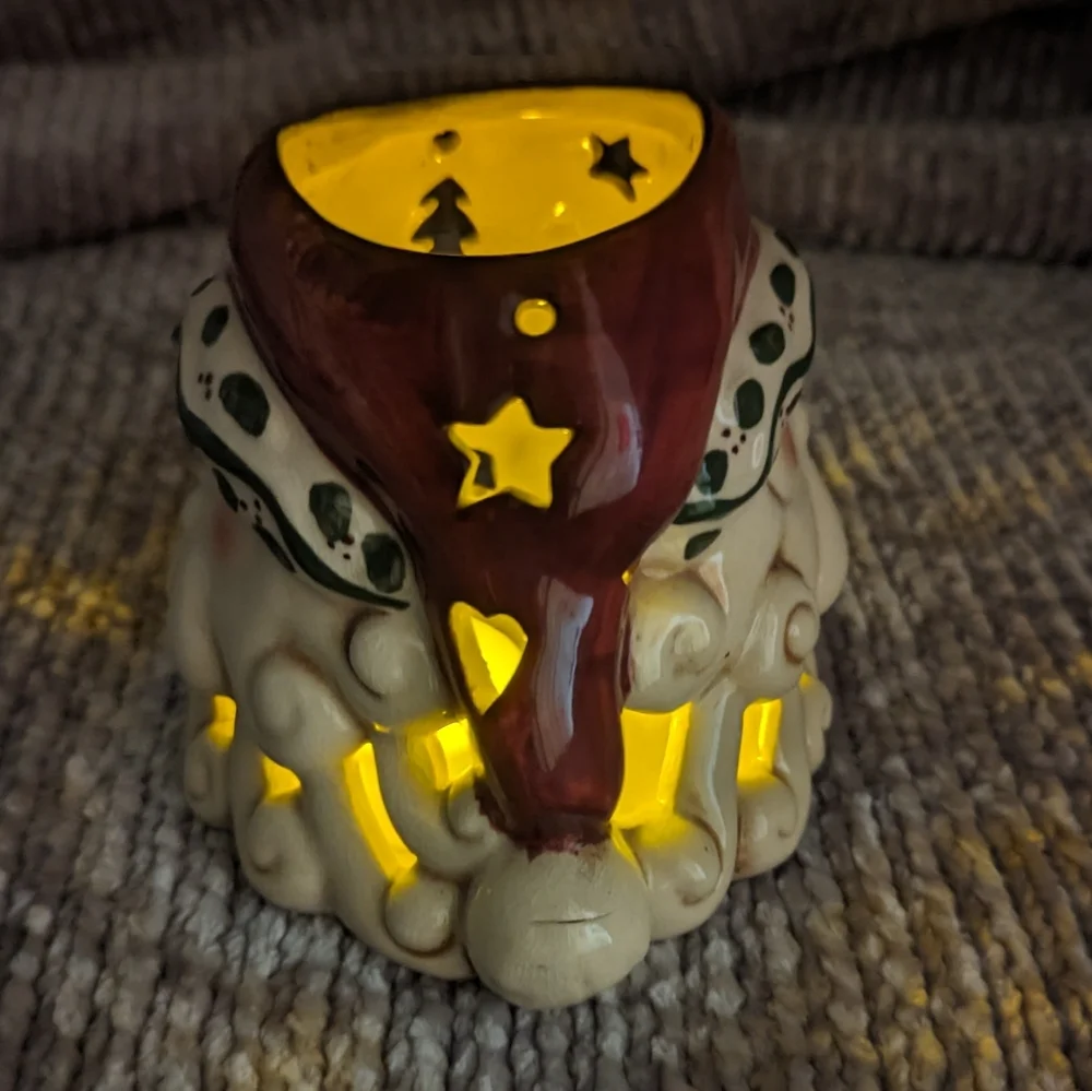 VTG Ceramic Santa Head Tea Light Votive Candle Holder W/Stars‎ And Tree Cut-Outs